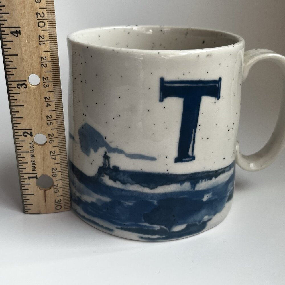 Anthropologie Buoyant Letters Coffee Mug "T" Monogram White Blue Stoneware Cup - Picture 7 of 9
